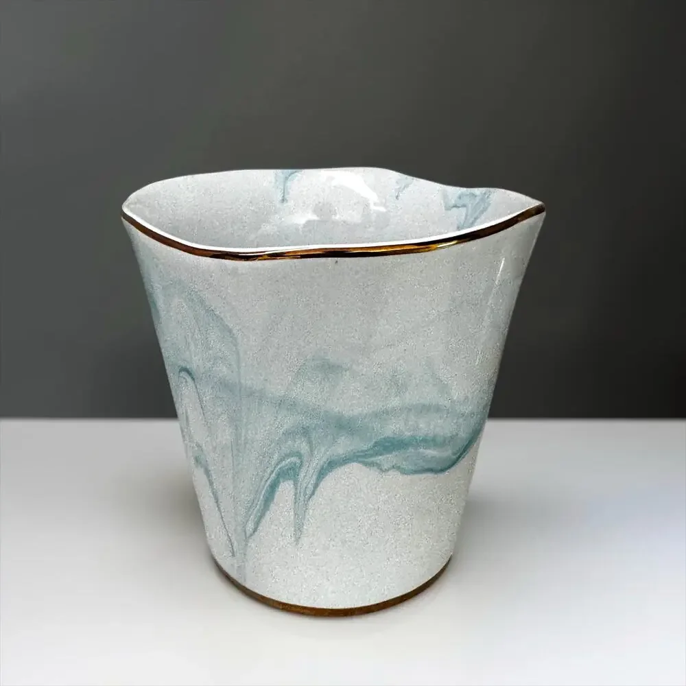 Small Blue Marble Porcelain Cachepot Planter | White & Aqua Swirl Vase Gold Trim